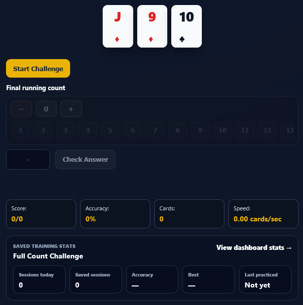 Full Count Challenge showing groups of cards and final count controls